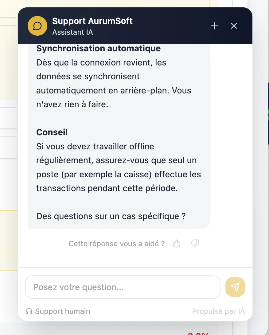 Support IA intégré — chatbot disponible 24/7 dans AurumSoft