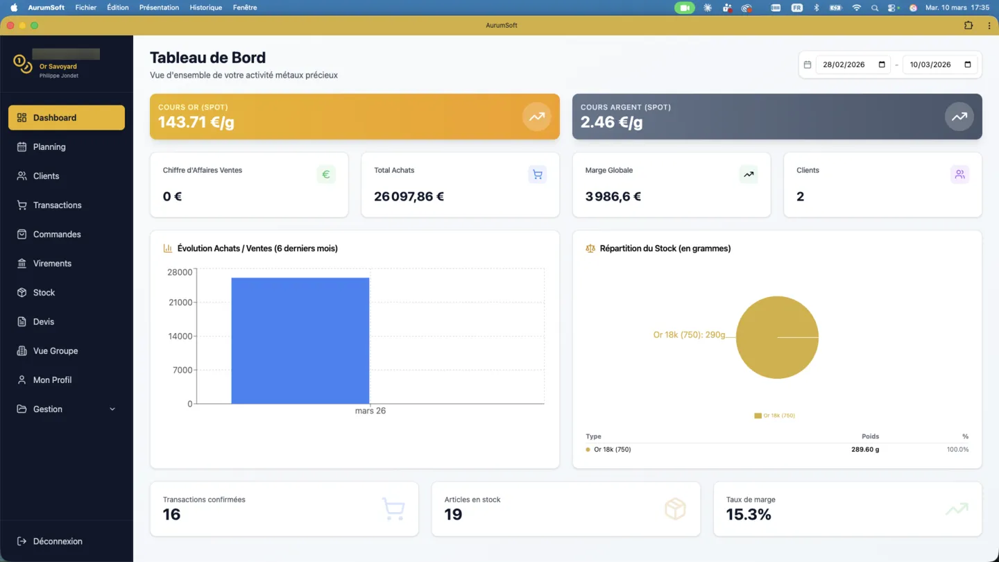 AurumSoft — Tableau de bord logiciel rachat or