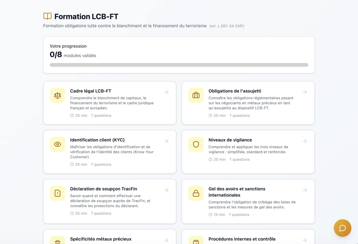 Formation LCB-FT intégrée — 8 modules, quiz et attestation ACPR
