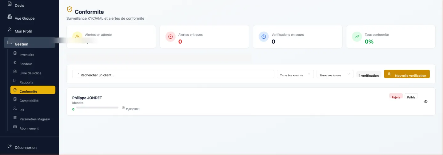 Screening KYC/AML avec résultats PEP, sanctions et médias défavorables