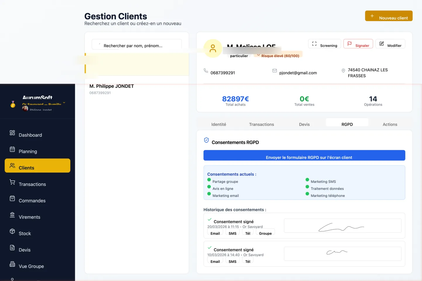 Formulaire RGPD avec consentements granulaires et signature tablette