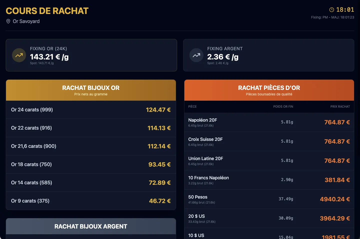 LiveRates — vue client avec cours de rachat en temps réel